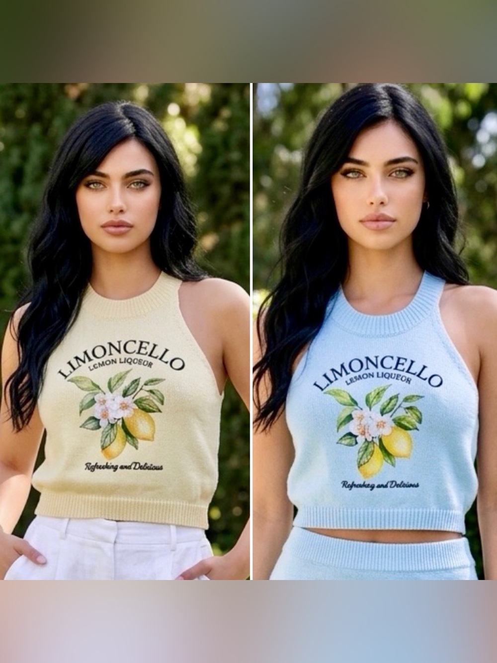 Chic Woman’s Limoncello Knit Halter Crop Top Blue or Yellow in M & L